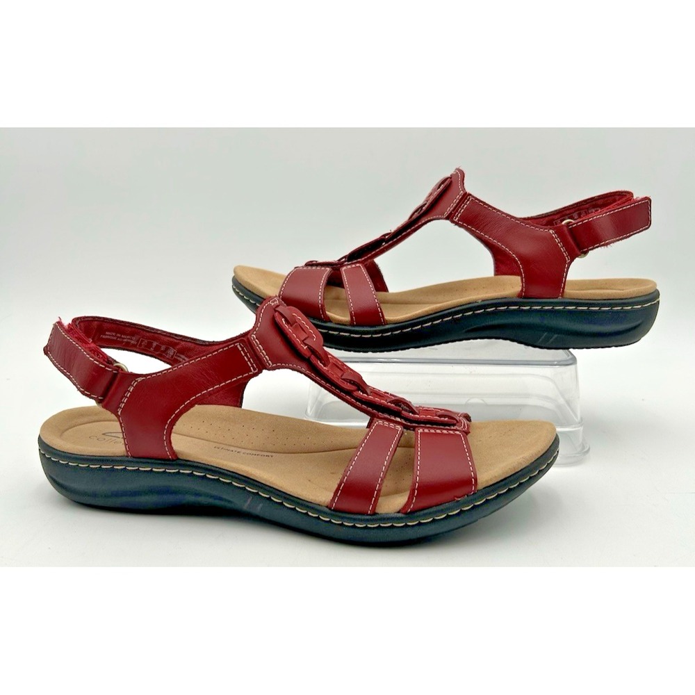 Clarks Red Laurieann Kay T-strap Slingback Sandals Womens Sz 9 Leather Walking